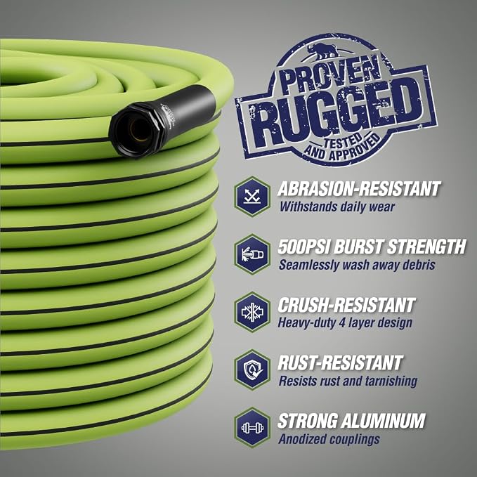 RUGGED RHINO Heavy Duty Garden Hose 50ft x 5/8in, Anti-Kink and Leakproof, Durable 4-Layer Construction, 500 PSI Burst, All Weather Outdoor Watering for Lawn, Garden, Flowers, Green and Black