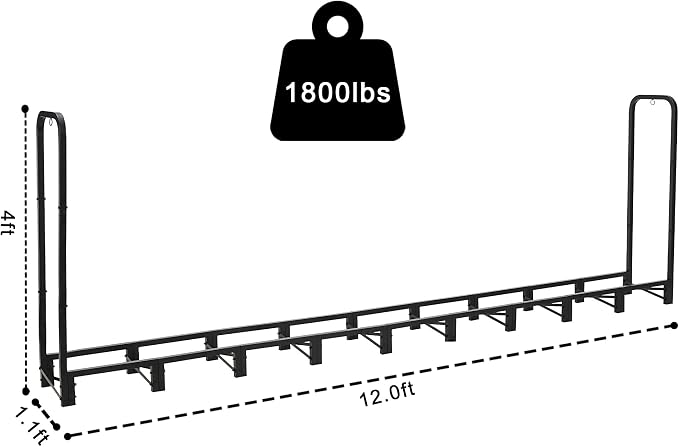 Werph 12FT Firewood Rack Outdoor,Heavy Duty Firewood Storage Rack,Outdoor Firewood Rack with Cover,Wood Rack Log Rack for Outdoor & Indoors, Black