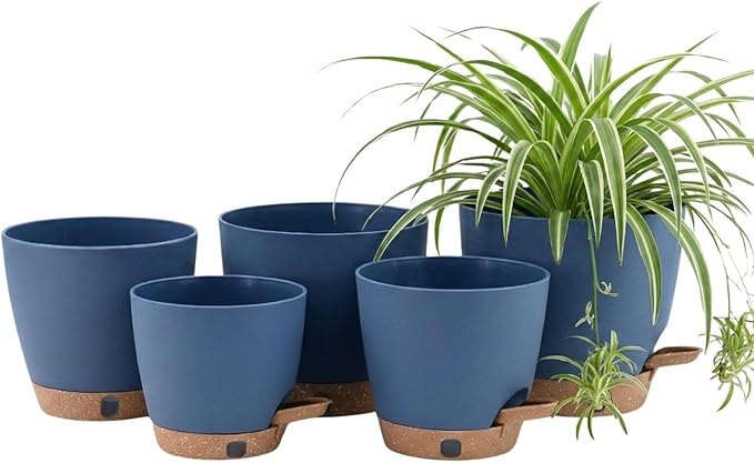 montresor 5-Pack Reservoir & Drainage Plastic Flower Pots (5/5.5/6/6.5/7 Inch) – Ocean Blue Indoor Planters with Wick System for Peace Lily, Fern, Spider Plant