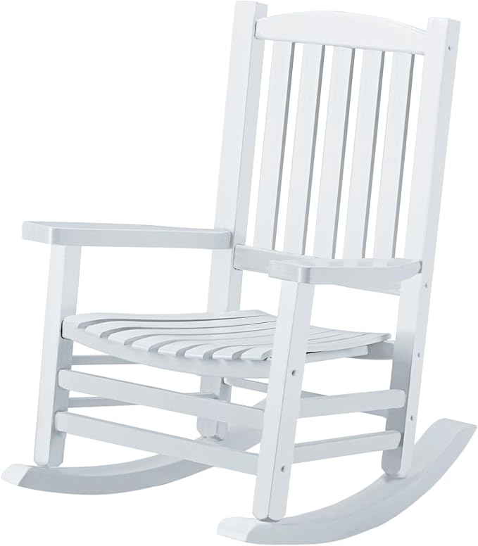 Hupmad Wooden Rocking Chair Outdoor Oversized Porch Rocker Chair,Patio Wooden Rocker with High Back and Armrest,All Weather Rocker Slatted for Backyard,Garden,400 lbs Support,White