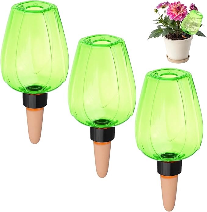 M METERXITY 3-Pack Plant Self Watering Globes, 5.1 oz Plastic Rose Water Bulbs Top Fill for Indoor/Outdoor Plants, Self Watering Spikes Slow Release Terracotta [Green]