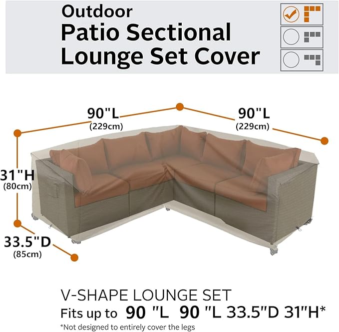 Patio Furniture Covers, Heavy Duty Outdoor Sectional Couch Cover, Waterproof 600D V-Shaped L-Shape Lawn Outdoor Furniture Protector(Natural Beige,V-Shaped-90 x90)