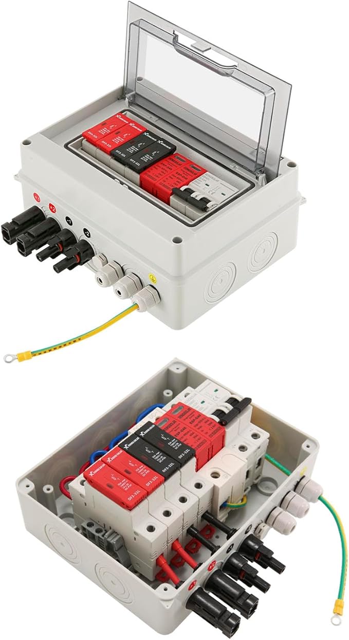 VOU 600V Solar DC PV Combiner Box,2 String with Lightning Arrester Connector for On/Off Grid Solar Panel System,2 Input 1 Out 15A Rated Current Fuse,63A Circuit Breaker,IP65 Waterproof,MCB,SPD