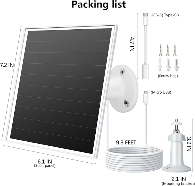 6W Solar Panel for Outdoor Security Camera with Micro USB & USB - C Port, Solar Panel Charger for Battery Camera, Fits Wyze/Reolink DC 5V Output, IP65/360° Adjustable, 9.8ft Cable, Fast Charging