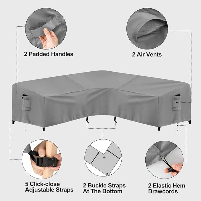 PureFit Outdoor Sectional Sofa Cover Waterproof V Shaped Patio Furniture Covers for Deck, Lawn and Backyard, 100”x100”, Gray