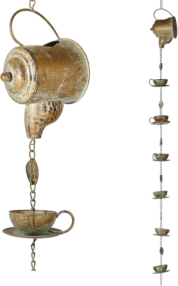 Jemeni Teapot & Teacups Rain Chain, 8.5 Ft Copper Patina Rain Chain for Gutters, Decorative Downspout Replacement with Hanging Bell