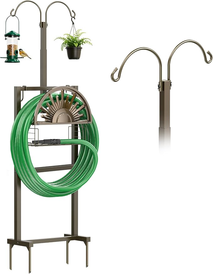 GOFORWILD Heavy Duty Garden Hose Reel with 2 Shepherds Hooks, Holds 150-Feet of 5/8 Inch Hose, 77Inch Freestanding Hose Hanger with Storage Basket