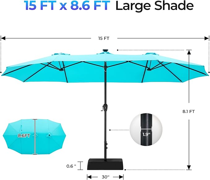 SUPERJARE 15ft Large Patio Umbrella with Base included, Double Sided Outdoor Umbrella with Solar Lights, Pool Umbrella with Fade Resistant Canopy for Deck, Porch, Yard, Balcony, Light Blue