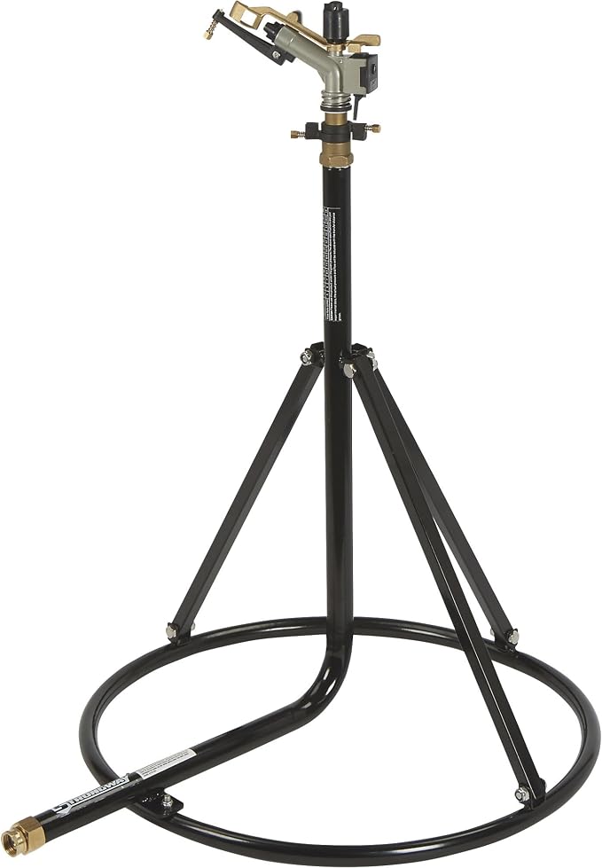 Strongway Tripod Sprinkler with Round Base, 1 in. Brass Head with 3 Nozzles, 120 Ft. Diameter Coverage, 11000 Sq. Ft., 7-14 GPM, Adjustable Full and Partial Circle, for Lawn, Farm and Garden