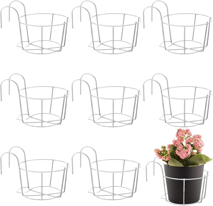 Wesiti 10 Pcs Round Hanging Railing Planters Outdoor Balcony Planters Metal Hanging Baskets Flower Pot Holder for Fence Indoor Porch Shelf Container(6.3 Inch,White)