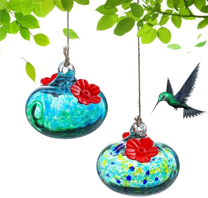 2pcs Small Glass Hummingbird Feeders for Outdoors Humming Bird Feeder with 2 Flower Feeding Ports for Window Garden Patio Decor Blown Glass Hummingbird Feeder for Outside Never Leak