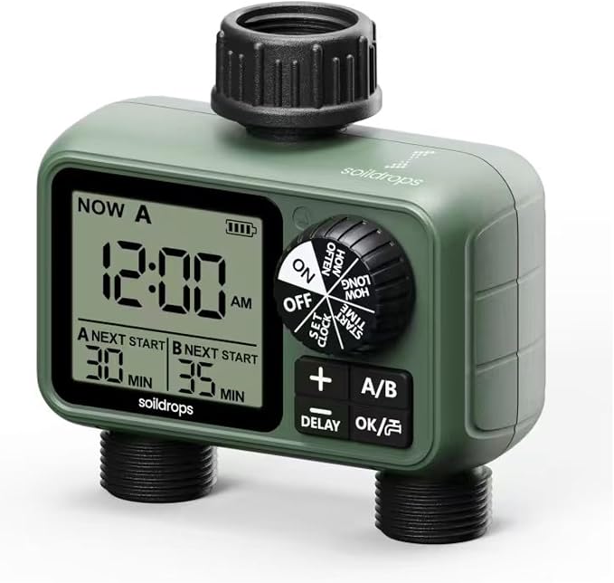 Sprinkler Timer for Garden Hose, Programmable 1 or 2 Outlet Controller with Self-Cleaning Valve, 15-Day Frequency, Large Dial, Rain Delay & Auto-Off, IPX5