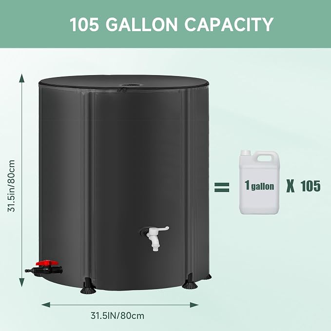 Collapsible Rain Barrel Water Storage Containers-105 Gallon Portable Rainwater Collect System Water Tank to Collect Rainwater from Gutter Downspout Water Catcher with Spigots,Filter＆Overflow Kits