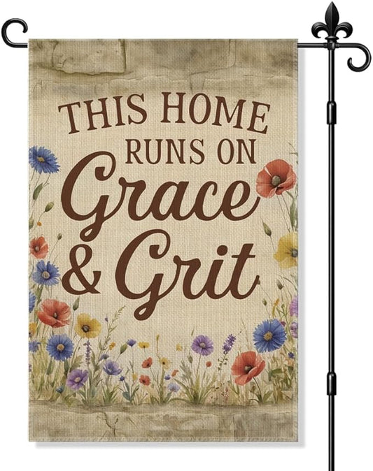 This Home Runs On Grace and Grit Garden Flag Double Sided Yard Outdoor Decoration 12x18 Inch, Vintage Floral Yard Decoration Garden Flag, Christian Home Banner, New Home Housewarming Gifts