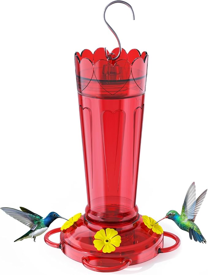 Plastic Hummingbird Feeder, 14 oz Hummingbird Feeders for Outdoors Hanging, Leak-Proof Nectar Feeders with 4 Feeding Ports and Perches, Gifts for Mom, Dad, Grandparents-Red