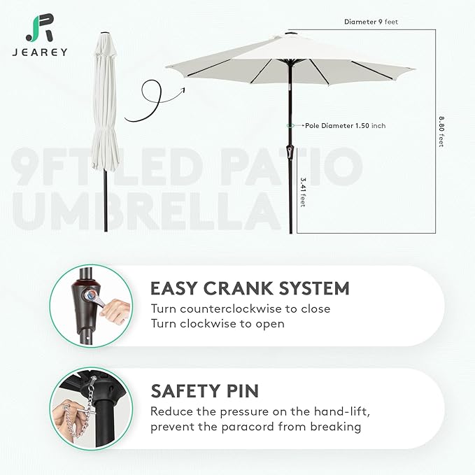JEAREY 9FT Outdoor Patio Umbrella with Solar Lights, LED Lighted Pool Umbrella with Tilt and Crank, Outdoor Table Umbrellas for Deck, Yard & Market (Off White)