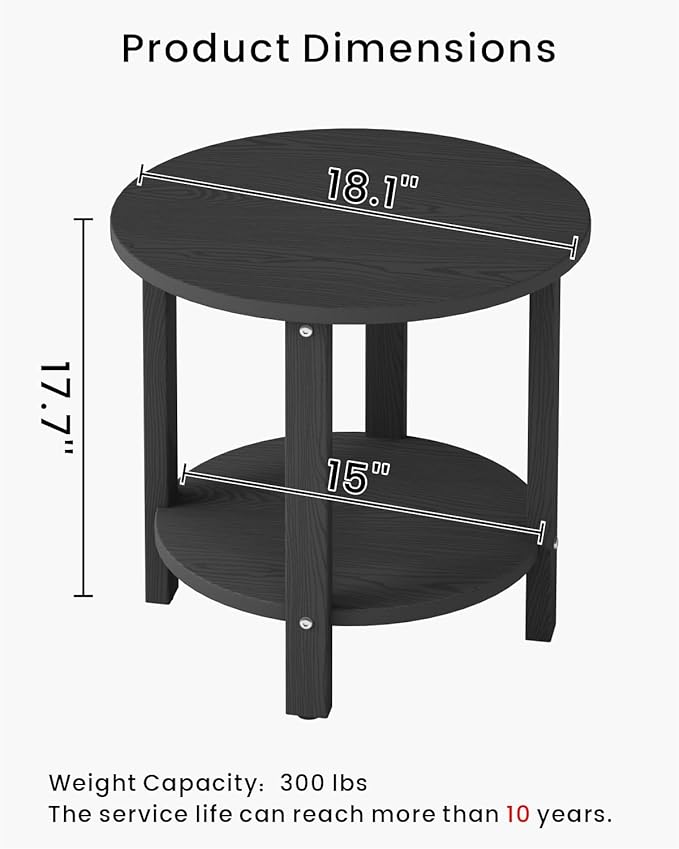 HDPE Outdoor Side Table for Patio, 18.1-Inch Weatherproof Small Outdoor Table for Adirondack, 2-Tier Round End Table for Garden Backyard Porch Deck Balcony Poolside (Black)