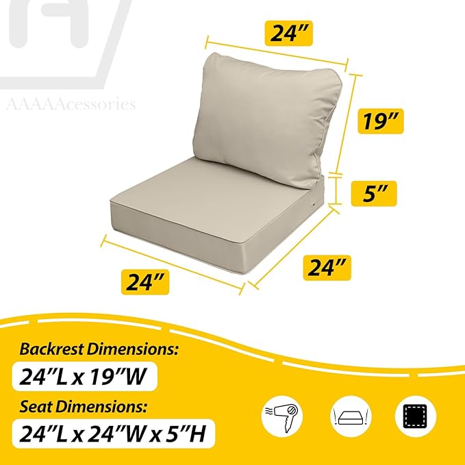 AAAAAcessories Outdoor Seat Cushions for Chairs, Fade-Resistant, Waterproof Patio Furniture Replacement Cushions, 24" x 24" x 5" + 24" x 19", Beige