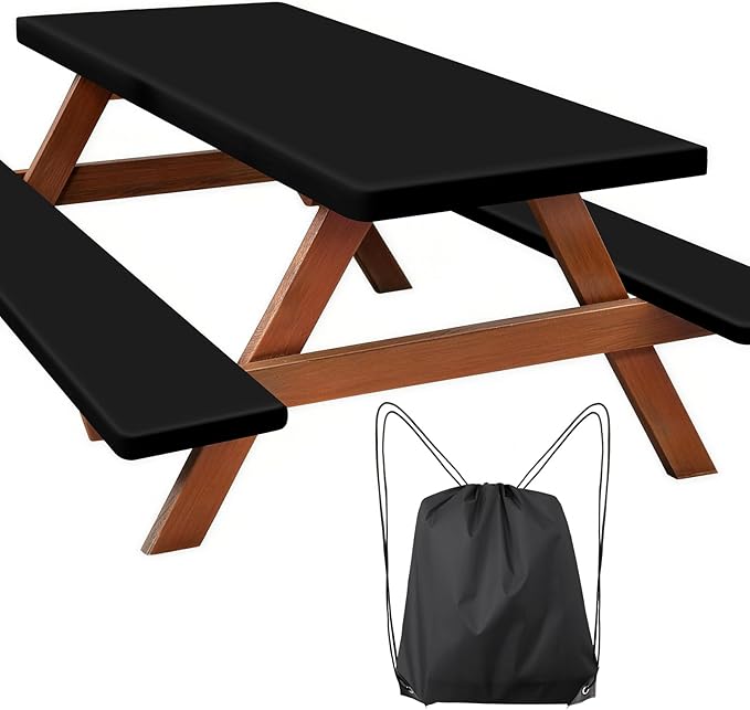 Clothclose Picnic Table Cover with Bench Covers, Fitted 6ft Waterproof Tablecloth Set for Outdoor Camping & RV, 30"x72", Solid Black