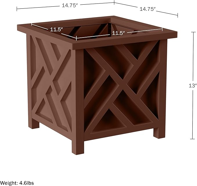 Lattice Design Outdoor Planter Box - 14.75” Square 13” Tall Brown Plant Pot - Decorative Plant Pots for Front Porch Decor - Flower Pots Outdoor Planters for Porch Patio or Garden Decor by Pure Garden