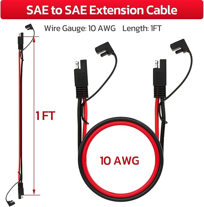 10AWG SAE Extension Cable 10 Gauge SAE to SAE Extension Cord with Two Prong Connectors for Solar RV Automotive (1FT)