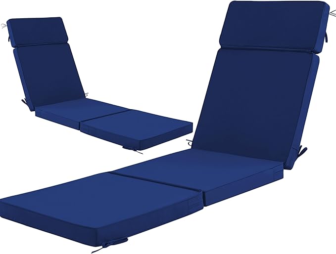 80 x 26 Inch Outdoor Chaise Lounge Cushions Set of 2 - Removable Cover, 4-Section Design, Water-Repellent & Fade-Resistant, 6 Tie Straps, Replacement for Patio & Pool Chairs - Navy