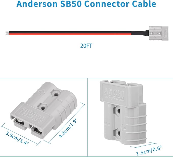 ELFCULB 10AWG 20FT Anderson Connector 50 Amp Cable,Anderson SB50 Plug Battery Quick Connector Cable for Solar and Wind Energy Systems Battery Connections Forklifts
