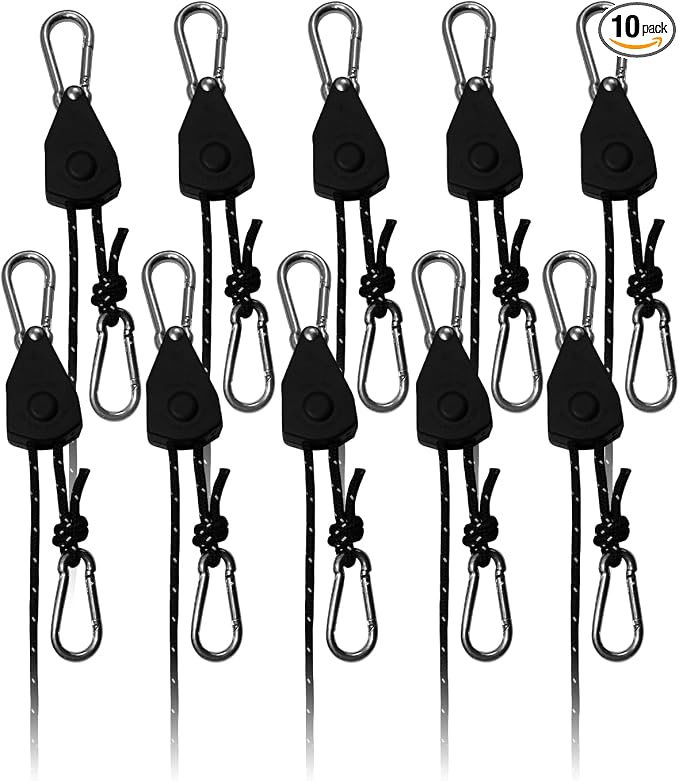 10Pack Retractable Ratchet Tie Down Straps, 13 Ft 1/8” Adjustable Rope Hanger, Heavy Duty Ratcheting Pulley System with 2 Carabiner Hook, for Xmars Decorations, Hanging Plants, Grow Lights