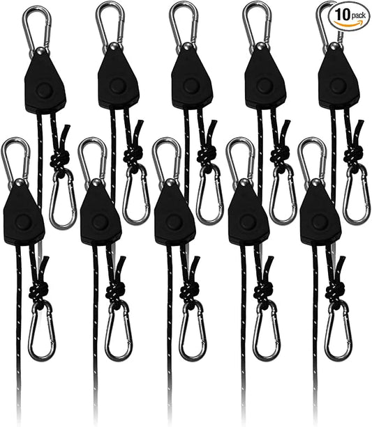 10Pack Retractable Ratchet Tie Down Straps, 13 Ft 1/8” Adjustable Rope Hanger, Heavy Duty Ratcheting Pulley System with 2 Carabiner Hook, for Xmars Decorations, Hanging Plants, Grow Lights