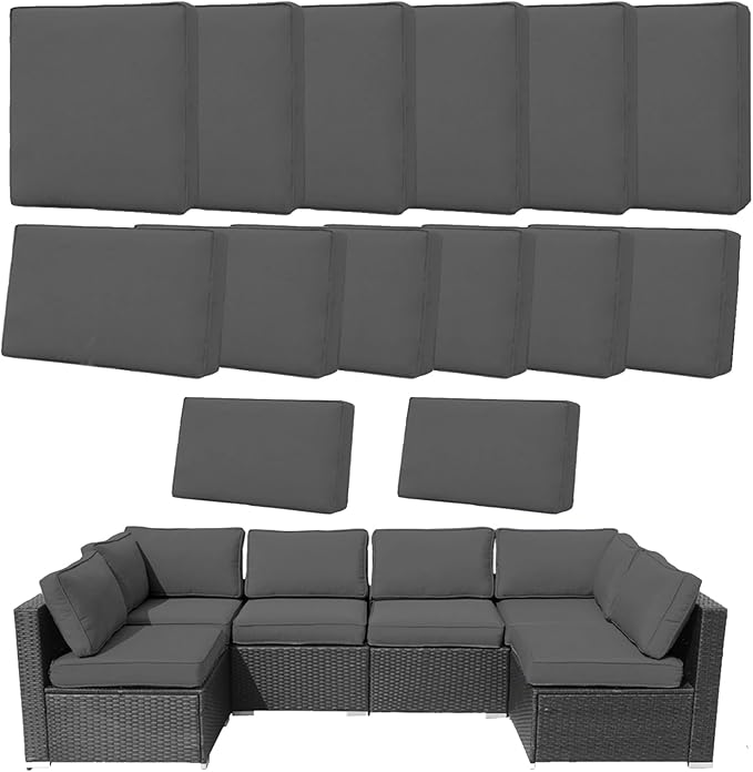 14Pcs Outdoor Cushion Covers Replacement Washable Waterproof UV w/Zipper for 6-Seaters Sofa Patio Slipcovers Set Seat and Back Covers Only (Charcoal Gray, 25.6x25.6inch)