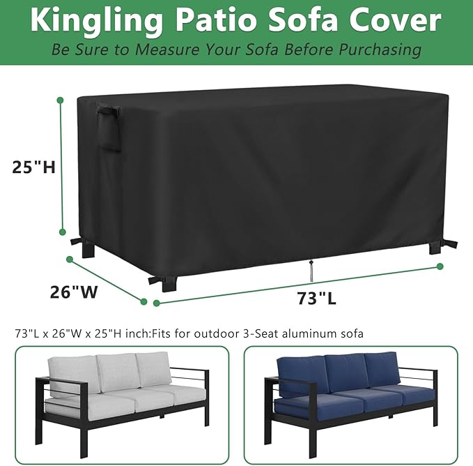 Kingling Outdoor Bench Cover for 3-Seat Aluminum Sofa, Patio Sofa Covers Waterproof for Outdoor Seating Loveseat Covers Heavy Duty Couch Cover-73 W x 26" D x 25" H Inch(Black)