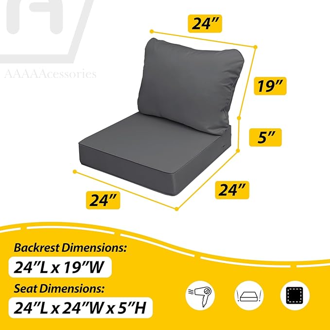 AAAAAcessories Outdoor Seat Cushions for Chairs, Fade-Resistant, Waterproof Patio Furniture Replacement Cushions, 24" x 24" x 5" + 24" x 19", Dark Gray