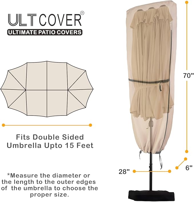 ULTCOVER Patio Parasol 600D Waterproof Outdoor Market Extra Large Umbrella Cover - Fits Double-Sided Umbrella 13-15 Feet