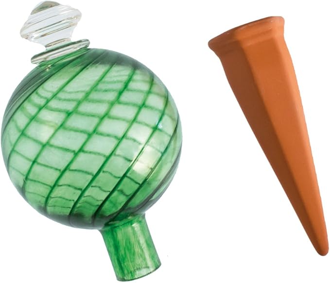 Plant Nanny 12oz Green Spiral Fluted Watering Globe & Stake Set