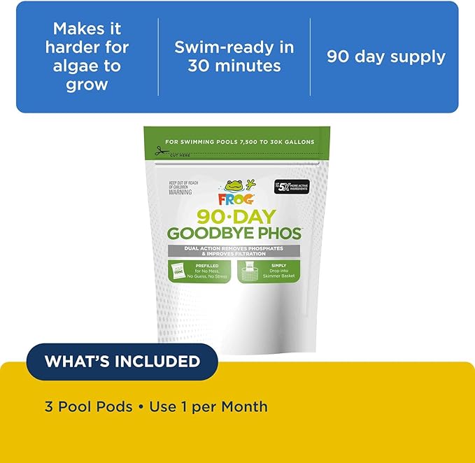 FROG 90-Day Goodbye Phos - Dry Formula Phosphate Remover for Pools up to 30,000 Gallons - Pool Maintenance & Treatment - No More Phos - 3 Pods