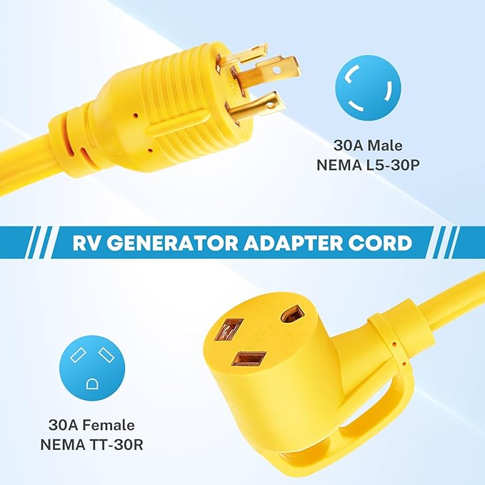 Kohree 3 Prong 30 Amp RV Generator Adapter, NEMA L5-30P to TT-30R Twist Lock Adapter, Heavy Duty STW 10 AWG, ETL Listed Extension Cord Suitable for House RV Camper Trailer (12 Inch)