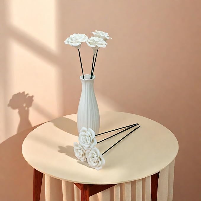 Handmade Porcelain 3D Ceramic Rose Flower, Eternal Flower Decoration for Home Office Decor, Creative Desktop vases, Porcelain Decorations, Exquisite, Set of 6 (White)