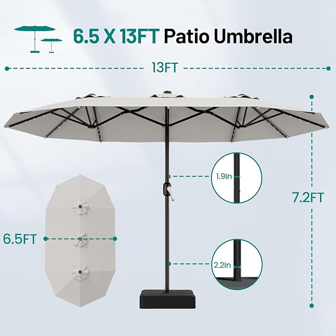 AreShark 13 FT Patio Umbrella with Solar Lights, Double-Sided Outdoor Table Umbrellas with Crank, Large Rectangular Market Umbrella for Porch, Lawn, Pool, Backyard, Light Gray