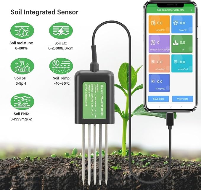 USB Soil Sensor 7-in-1 Tester For Moisture, Soil Analysis Tool, Temperature, PH & NPK Nutrients - IP68 Digital Meter For Agriculture, Gardening & Research Farming, Floriculture