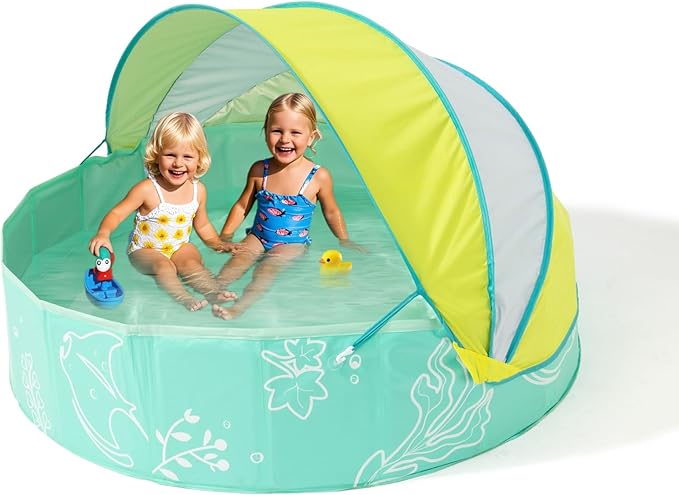 Hikiddy Foldable Kiddie Pool with Canopy: 31.5in/ 47in /63in for Baby Toddler Kids Family - Summer Water Play Pool with Shade - Portable for Outdoor Backyard Beach (Mint-Lemon, 47in)