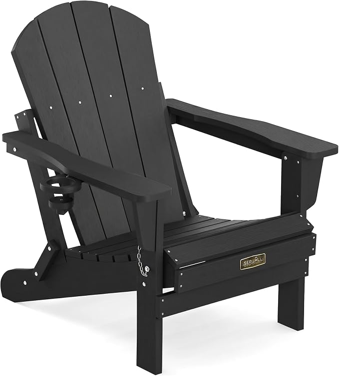 SERWALL Folding Adirondack Chair with Cup Holer, Weather Resistant Adirondack Chairs for Outdoor, Patio, Lawn, Garden, Backyard Deck, Fire Pit - Black
