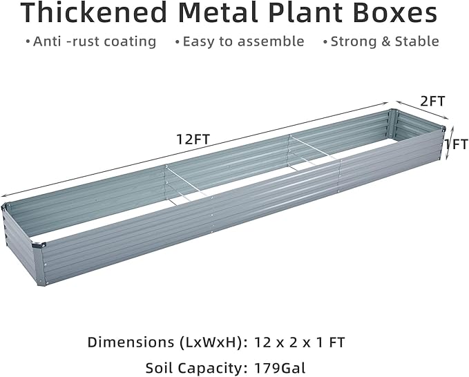 Meberam 2 Pack 12x2x1FT Galvanized Raised Garden Bed Kit, Outdoor Metal Planter Box for Vegetables, Bottomless Rectangular Gardening Bed with Support Rods, Tool-Free Assembly, Gray
