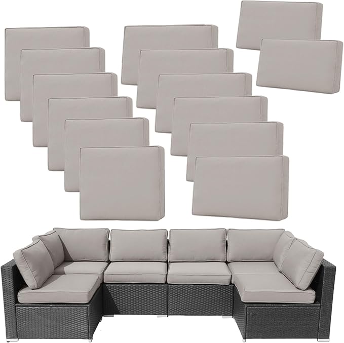 14Pieces Patio Cushion Covers Replacement Outdoor Couch Cushions Covers Splashproof Sofa Slipcovers Set with Zippers,Patio Furniture Protector-Cover Only(Light Gray,25.6×25.6×3.94inches)