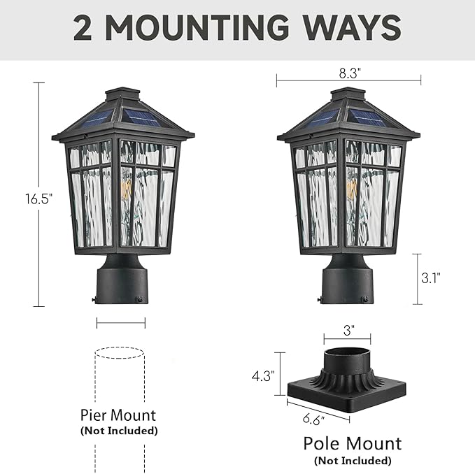Solar Lamp Post Lights Dusk to Dawn Aluminum Solar Powered Large Post Lights Outdoor Include Remote Control and LED Bulb 16.5 Inch Height Outdoor Post Lights Hard Wired Black Finish