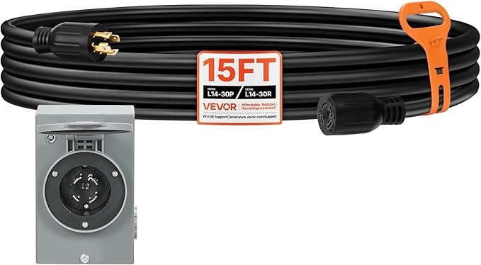 VEVOR 30 Amp Generator Cord and Power Inlet Box, 15 FT, 125/250V NEMA L14-30P to L14-30R Heavy Duty Extension Power Cord, SJTW 10 Gauge 7500W, Pre-Drilled Inlet Box, for Generator to House, ETL Listed