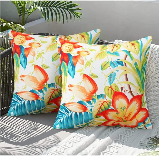 Merrycolor Pack of 2 Outdoor Pillow Covers 18x18 Waterproof Decorative Floral Square Pillowcase Cushion Cases Outdoor Pillows for Patio Furniture Garden Balcony Couch