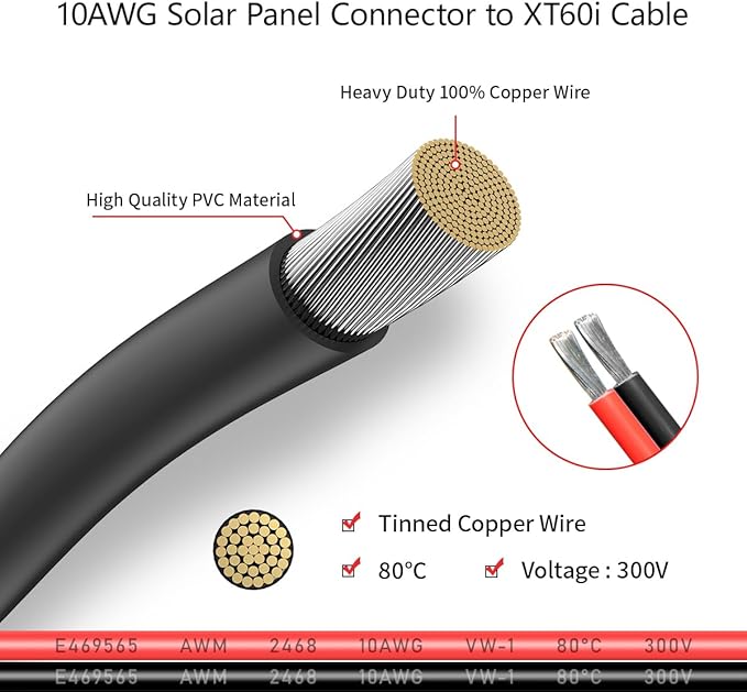 ELFCULB 10AWG 6FT Solar to XT60i Cable 2 6 10 25 35 50 75 100FT Solar Connector to XT60i Adapter Cable for Portable Power Station (6FT)
