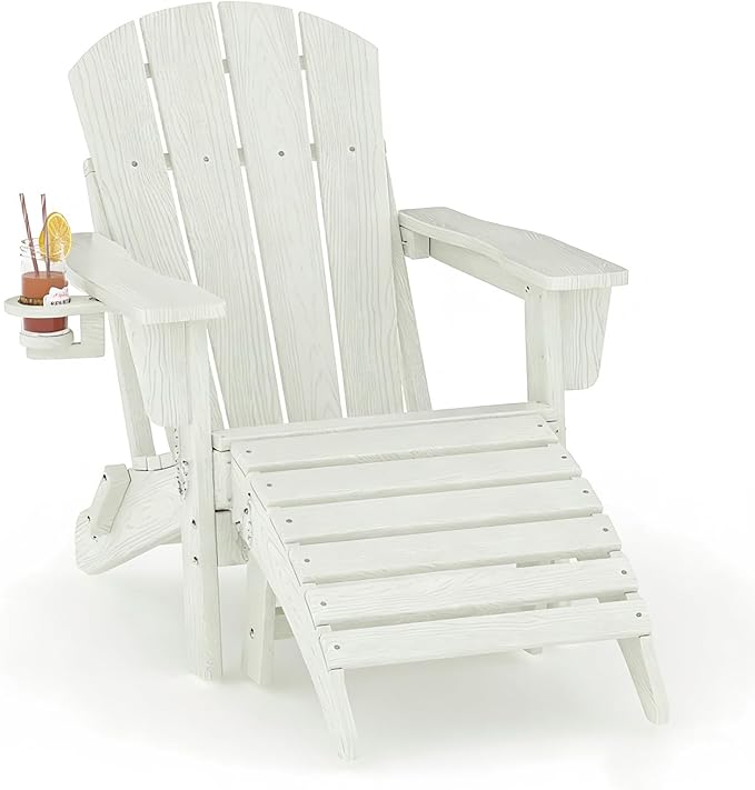 GarveeLife Folding Adirondack Chair Set of 2 with Ottoman, All-Weather HDPE Outdoor Chair, Wooden Textured with Cup Holder for patios, Decks, Gardens, fire pits, White