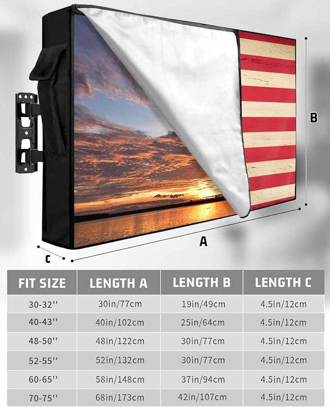 Vintage American Flag Outdoor TV Cover 70-75 Inch Weatherproof, Retro Blue Red Outdoor TV Enclosure with Zipper & Roll Up Front Flap, Farmhouse Waterproof TV Covers for Outside Flat Screen TV
