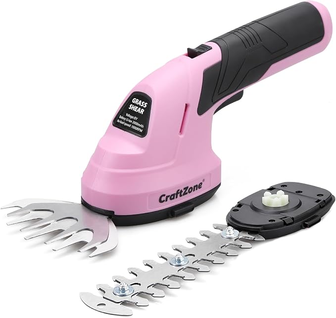2-in-1 Cordless Grass Shear and Hedge Trimmer - Pink, 8V Handheld Electric Shrub Trimmer/Grass Cutter with Rechargeable Lithium-Ion Battery and Type-C Charging Cable